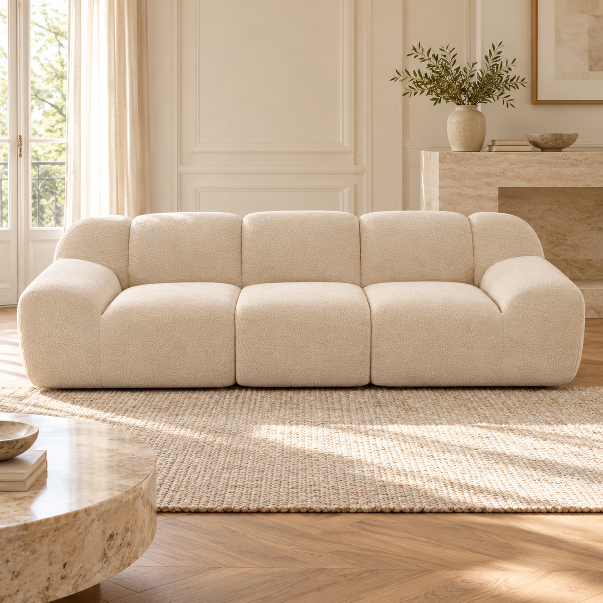 Canapé beige en chenille à assise profonde, autre angle dans un salon lumineux