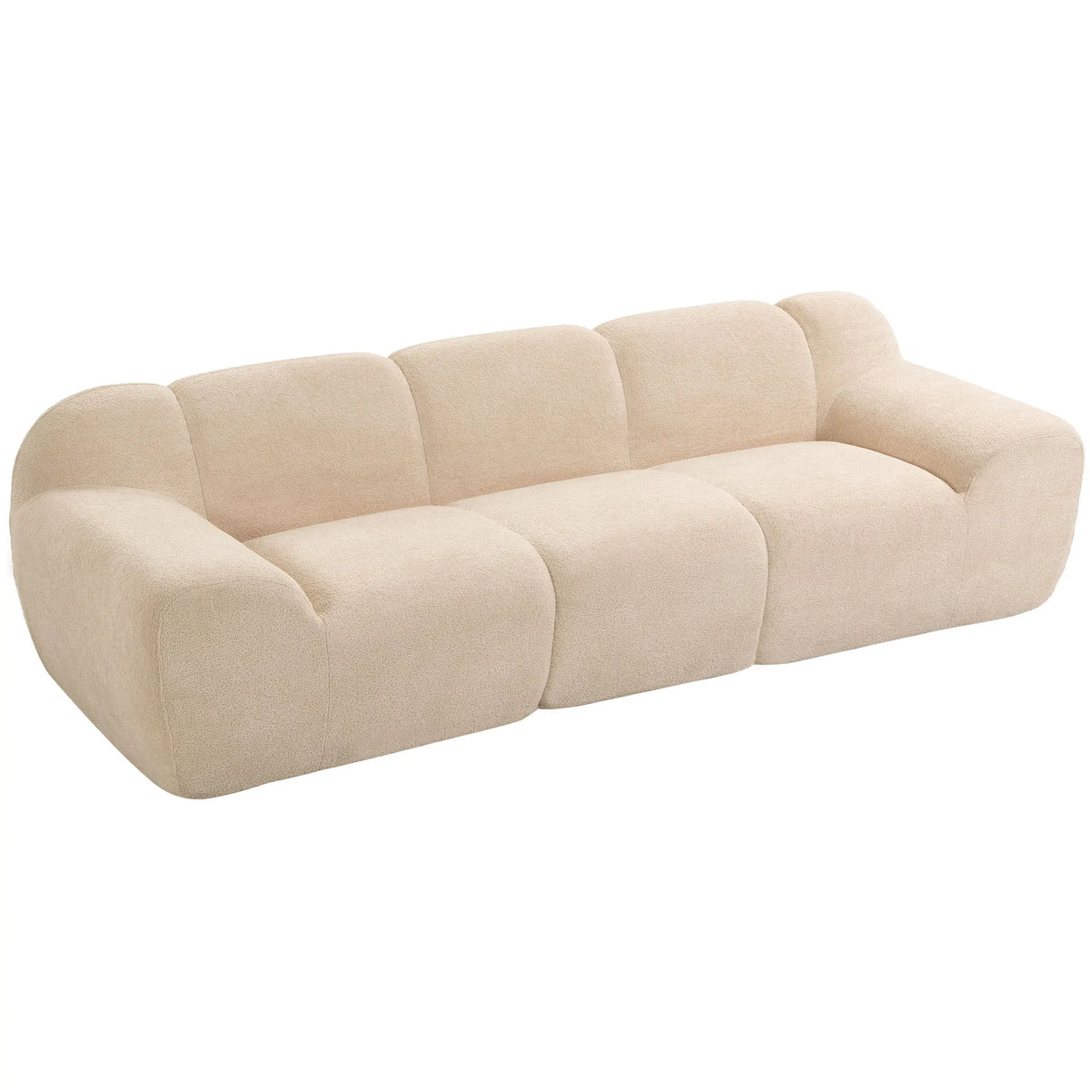 Canapé beige en chenille à assise profonde, vue d’ensemble sur fond blanc