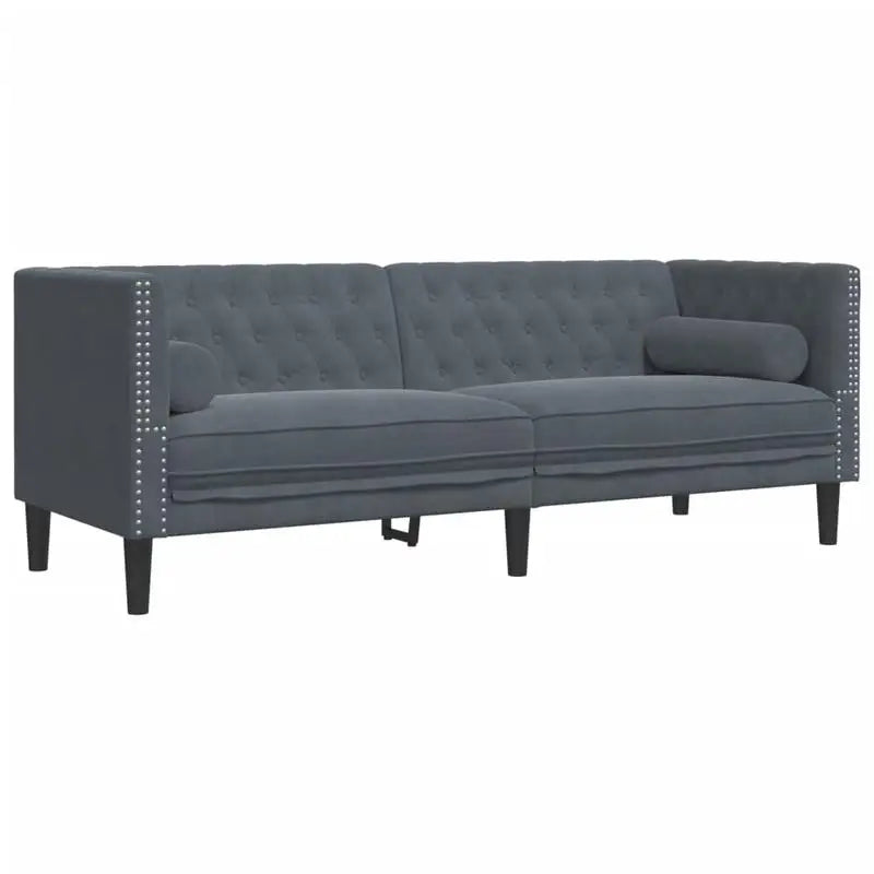 Canapé Chesterfield 3 places en velours gris foncé, trois quarts sur fond blanc