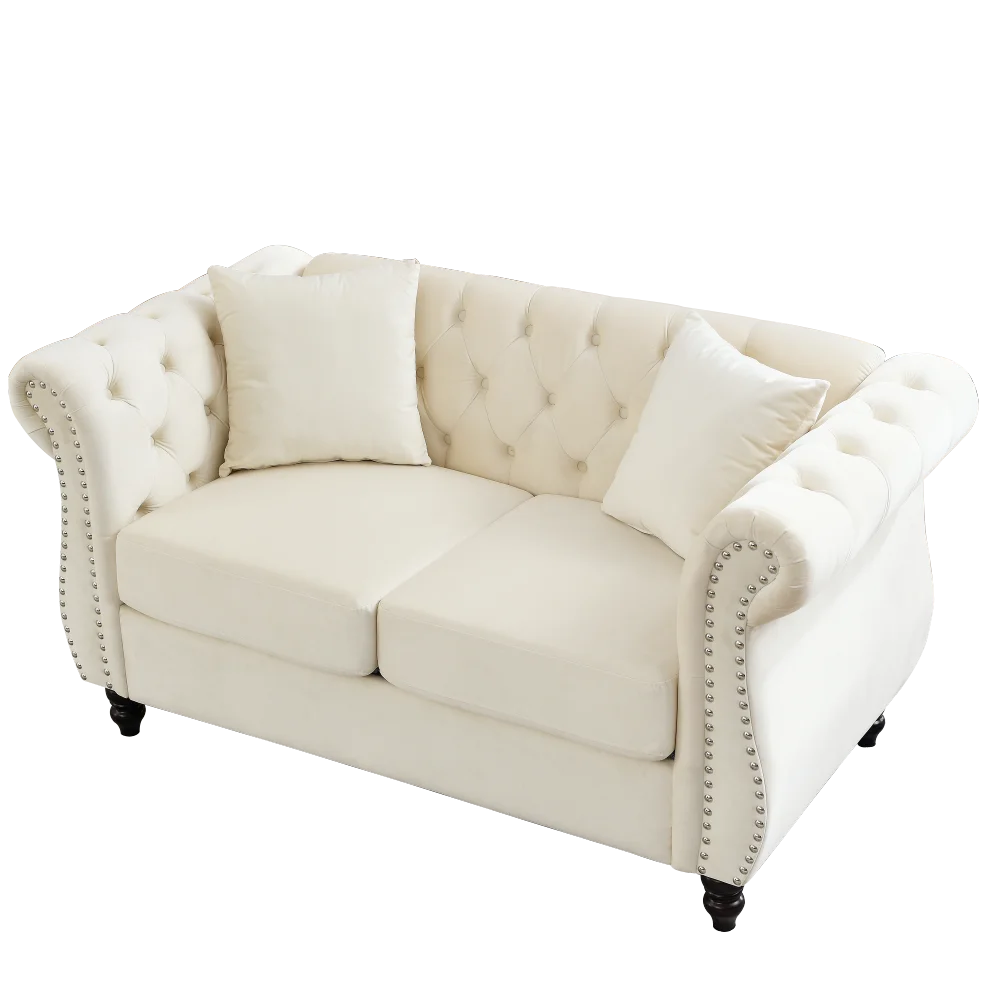 Canapé Chesterfield en velours à accoudoirs roulés, beige, sur fond transparent