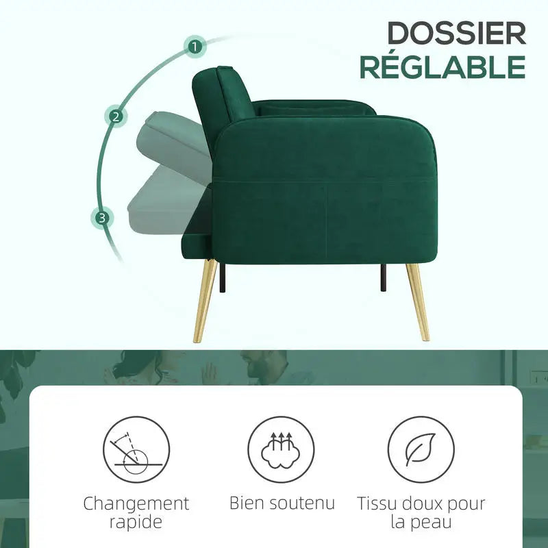 Canapé clic-clac en velours vert à pieds dorés, illustration des positions du dossier