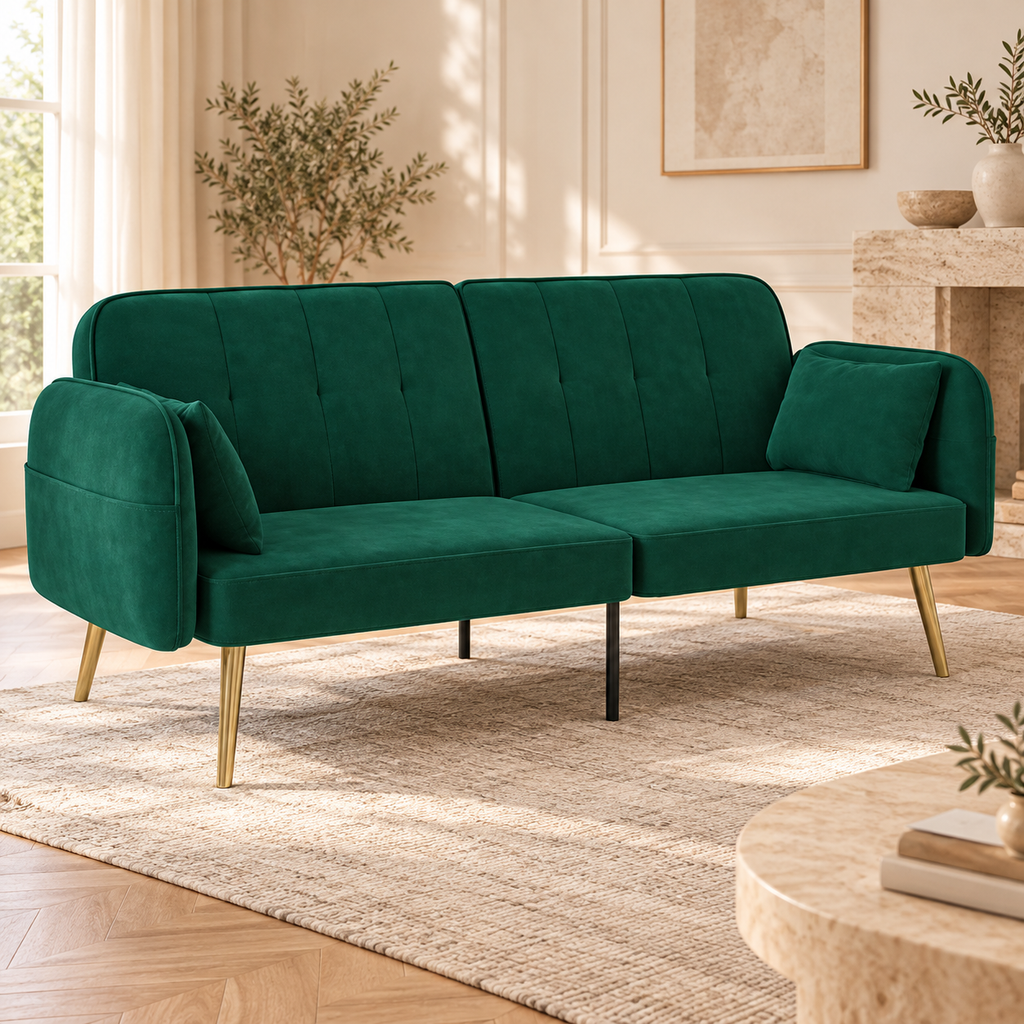Canapé clic-clac en velours vert à pieds dorés, fermé, autre angle dans un salon lumineux