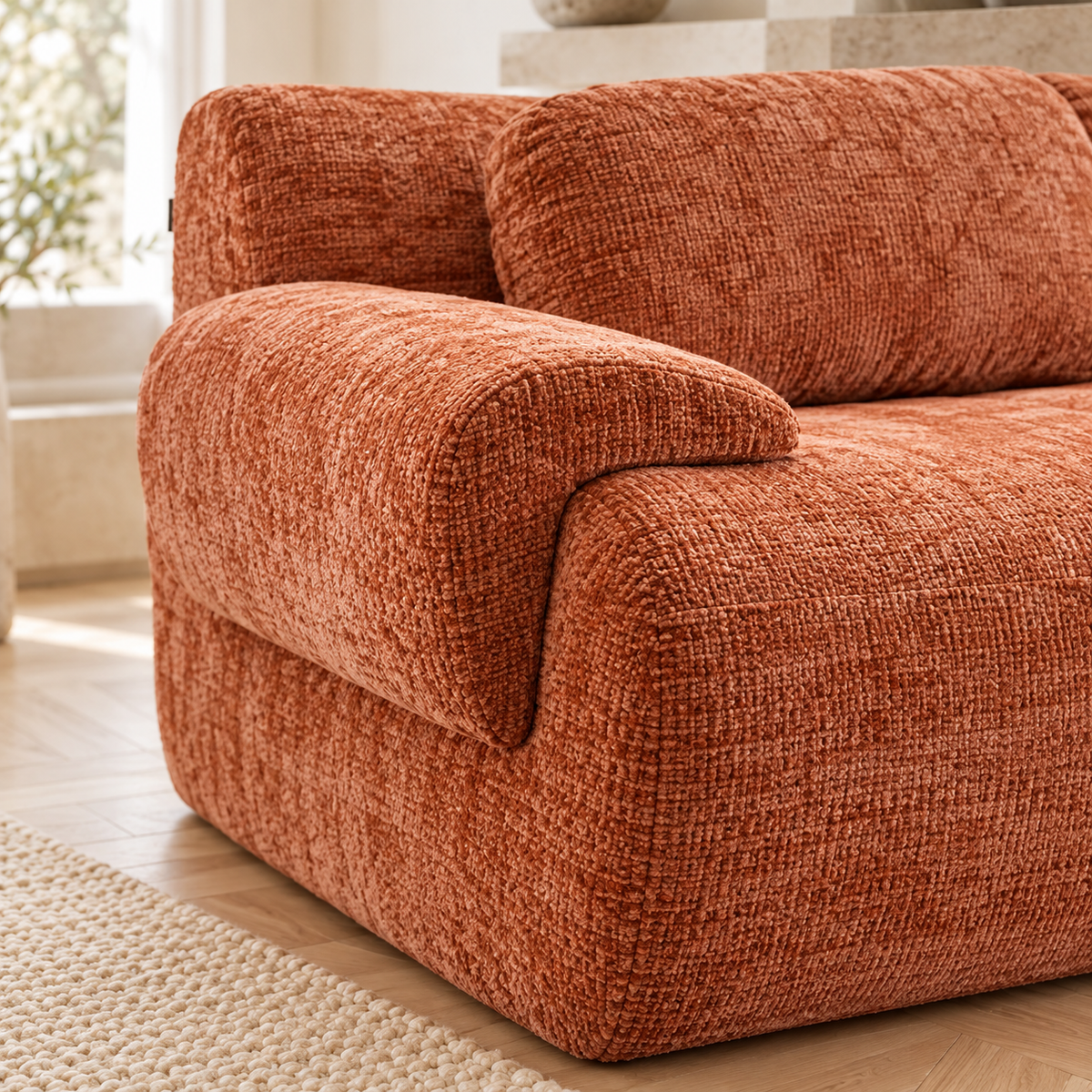 Canapé Cloud compact de 184 cm en chenille, orange, gros plan du revêtement et des finitions