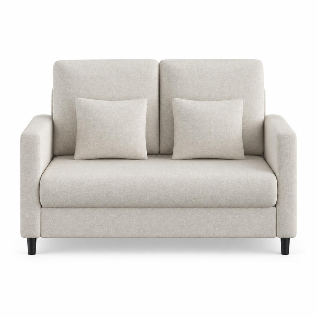 Canapé compact beige à deux coussins de dossier, vue de face sur fond blanc