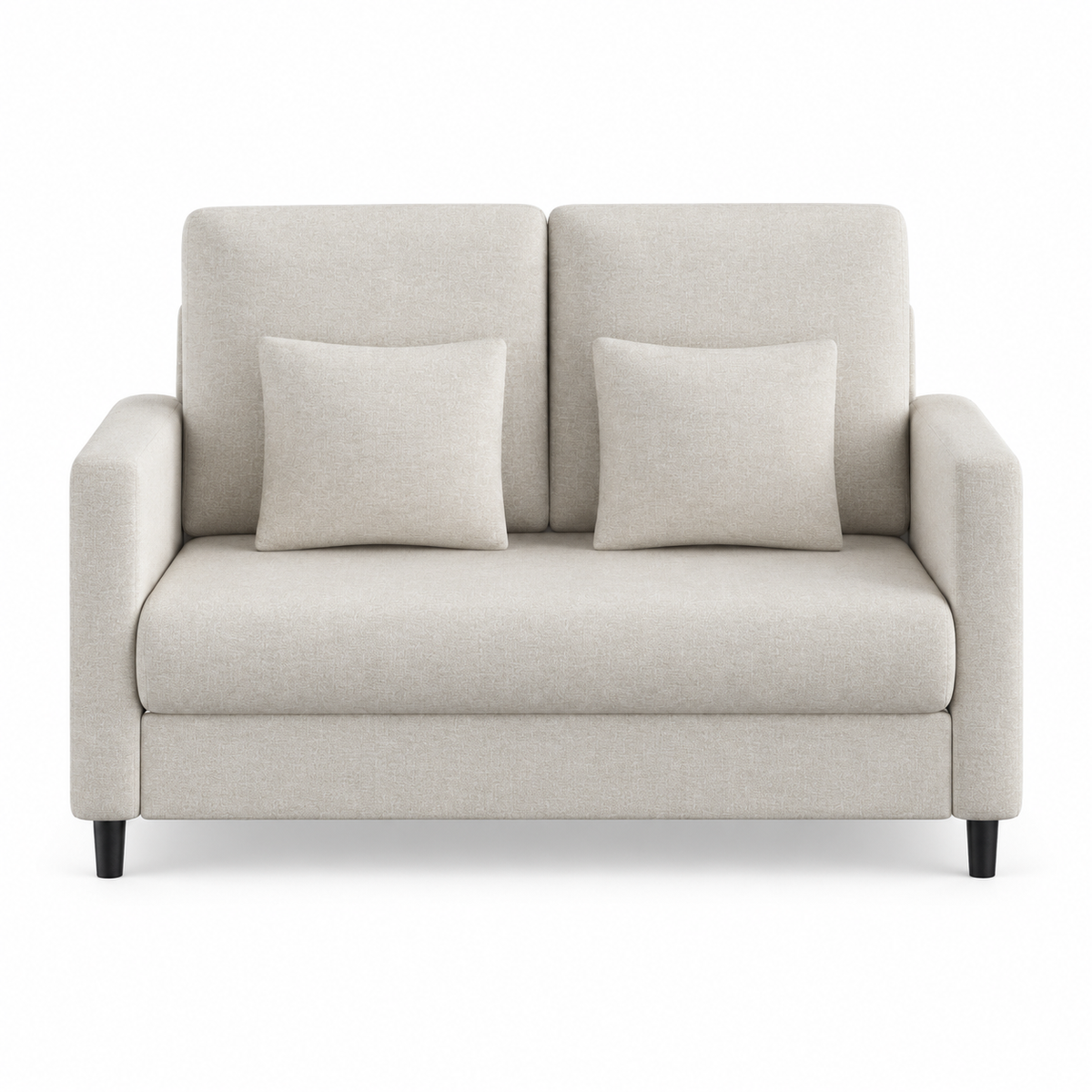 Canapé compact beige à deux coussins de dossier, vue de face sur fond blanc