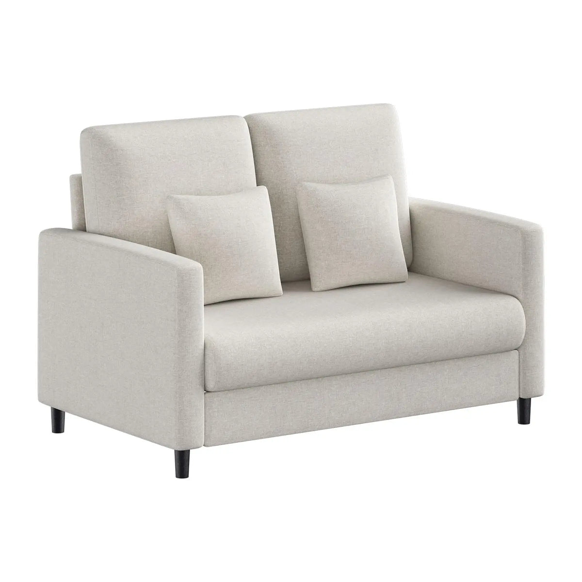 Canapé compact beige avec coussins lombaires, vue de trois quarts sur fond blanc