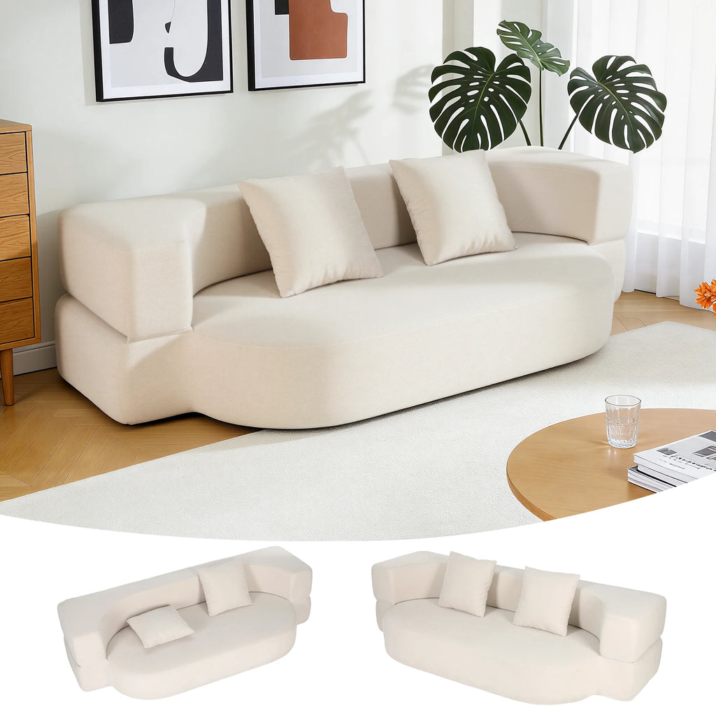 Canapé convertible arrondi avec deux coussins, beige, vue d’ensemble et autres angles