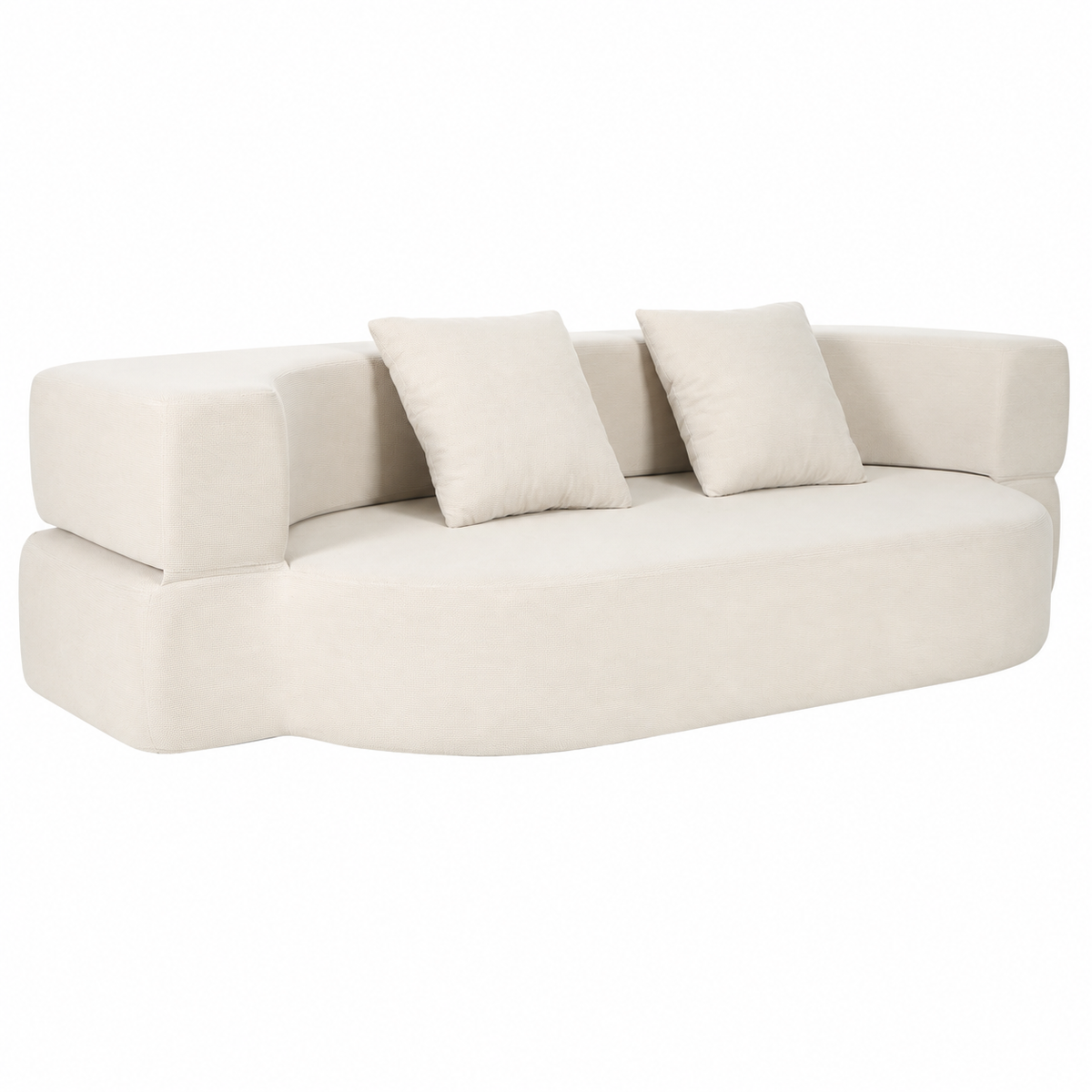Canapé convertible arrondi beige avec deux coussins, position assise sur fond blanc