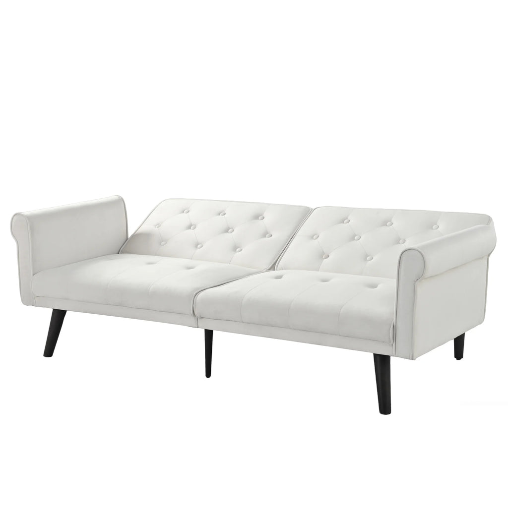 Canapé convertible beige capitonné, autre angle en position couchage