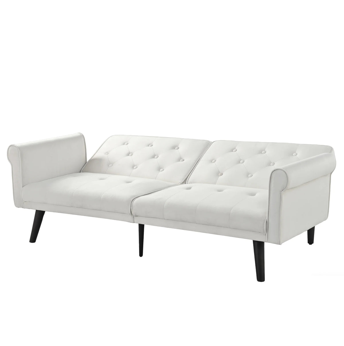 Canapé convertible beige capitonné, autre angle en position couchage