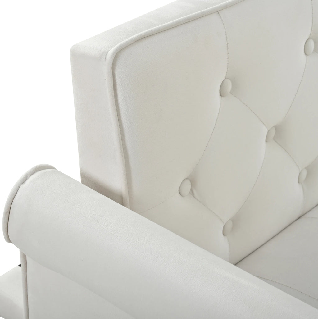 Canapé convertible beige capitonné, détail du dossier capitonné