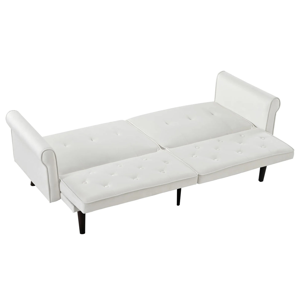 Canapé convertible beige capitonné, entièrement déplié en couchage