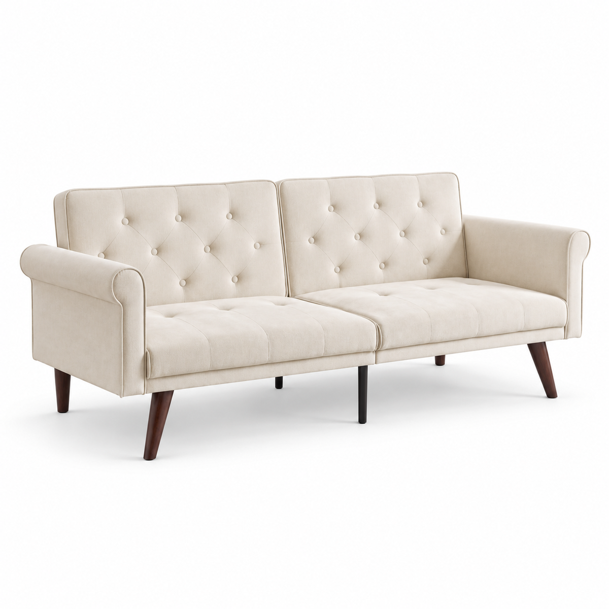 Canapé convertible beige capitonné, position assise sur fond blanc