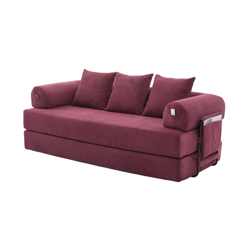 Canapé convertible bordeaux en velours côtelé, position assise sur fond blanc