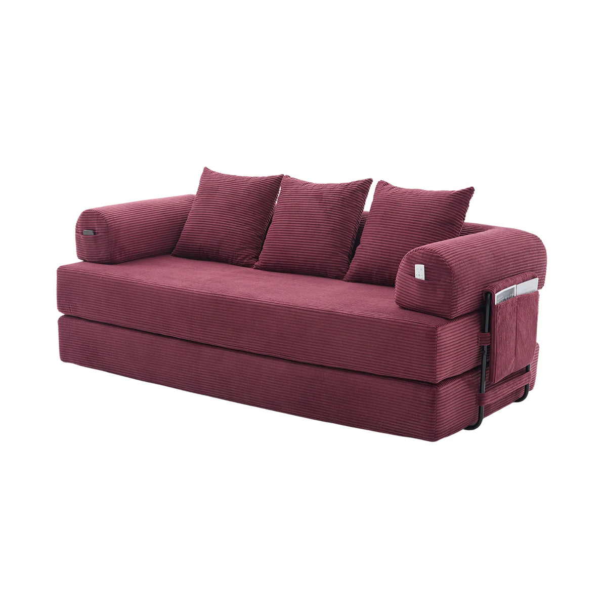 Canapé convertible bordeaux en velours côtelé, position assise sur fond blanc