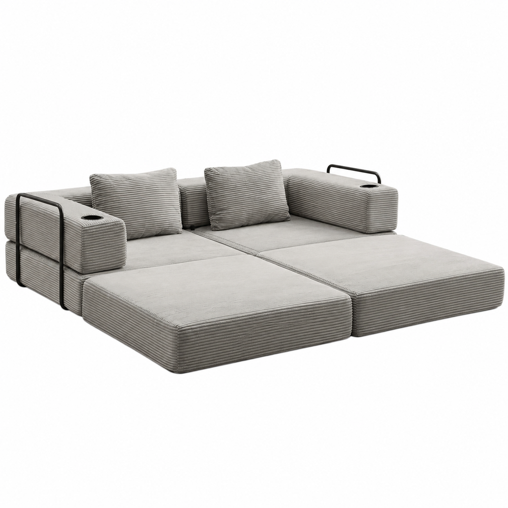 Canapé convertible en velours côtelé gris avec porte-gobelets, couchage entièrement déplié