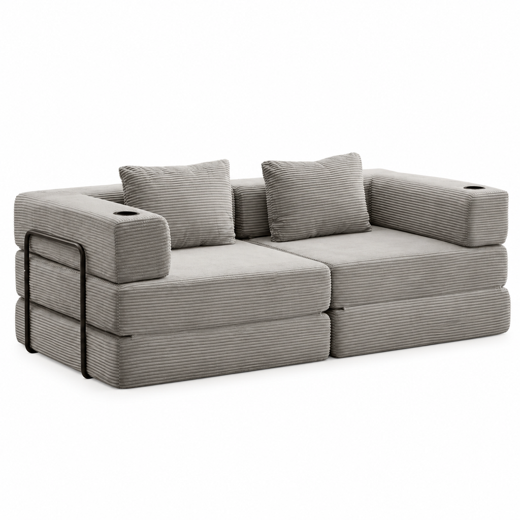 Canapé convertible en velours côtelé gris avec porte-gobelets, position assise sur fond blanc