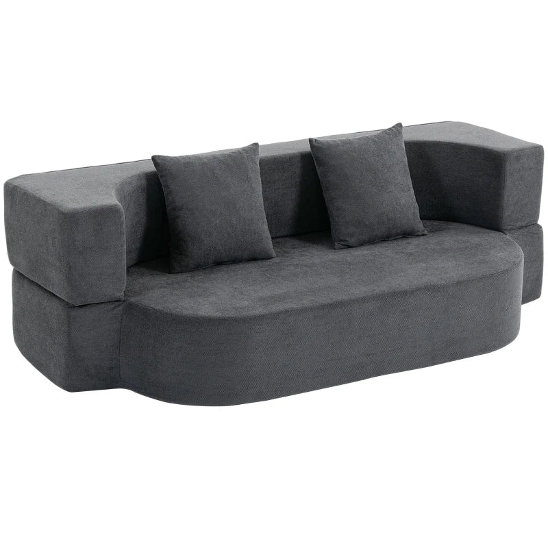 Canapé convertible gris en chenille, position assise sur fond blanc