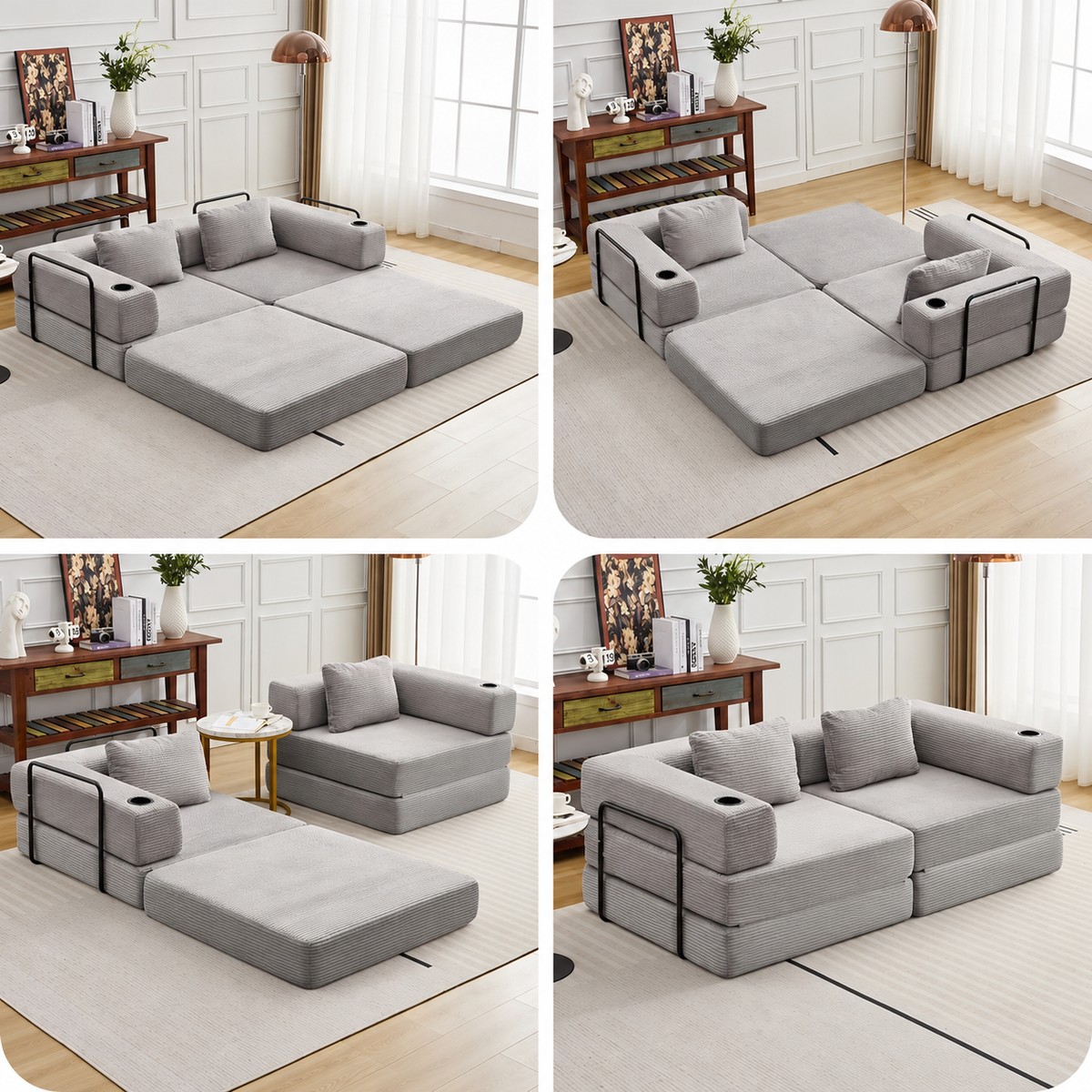 Canapé convertible gris en velours côtelé avec porte-gobelets, positions canapé, sièges séparés, méridienne et couchage