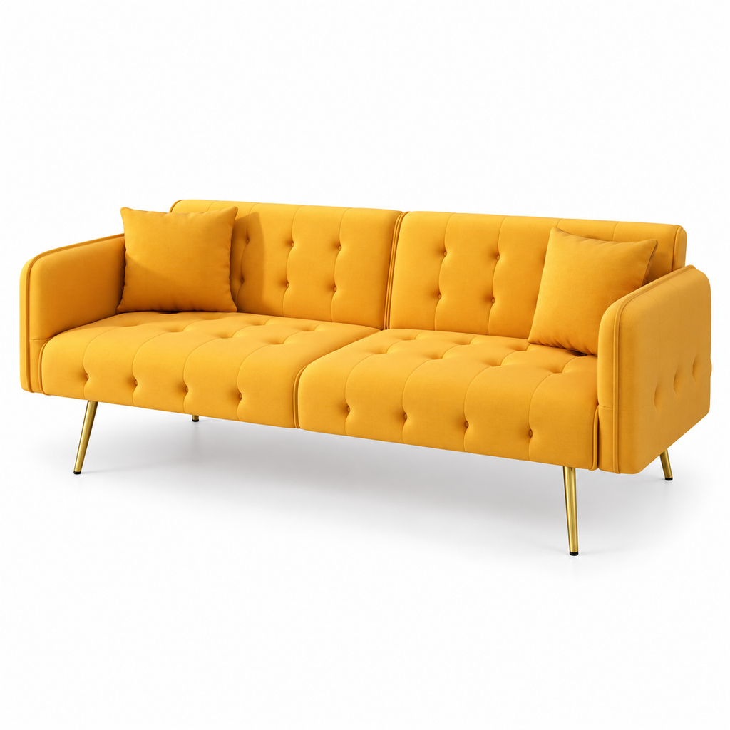 Canapé convertible jaune moutarde capitonné, position assise sur fond blanc