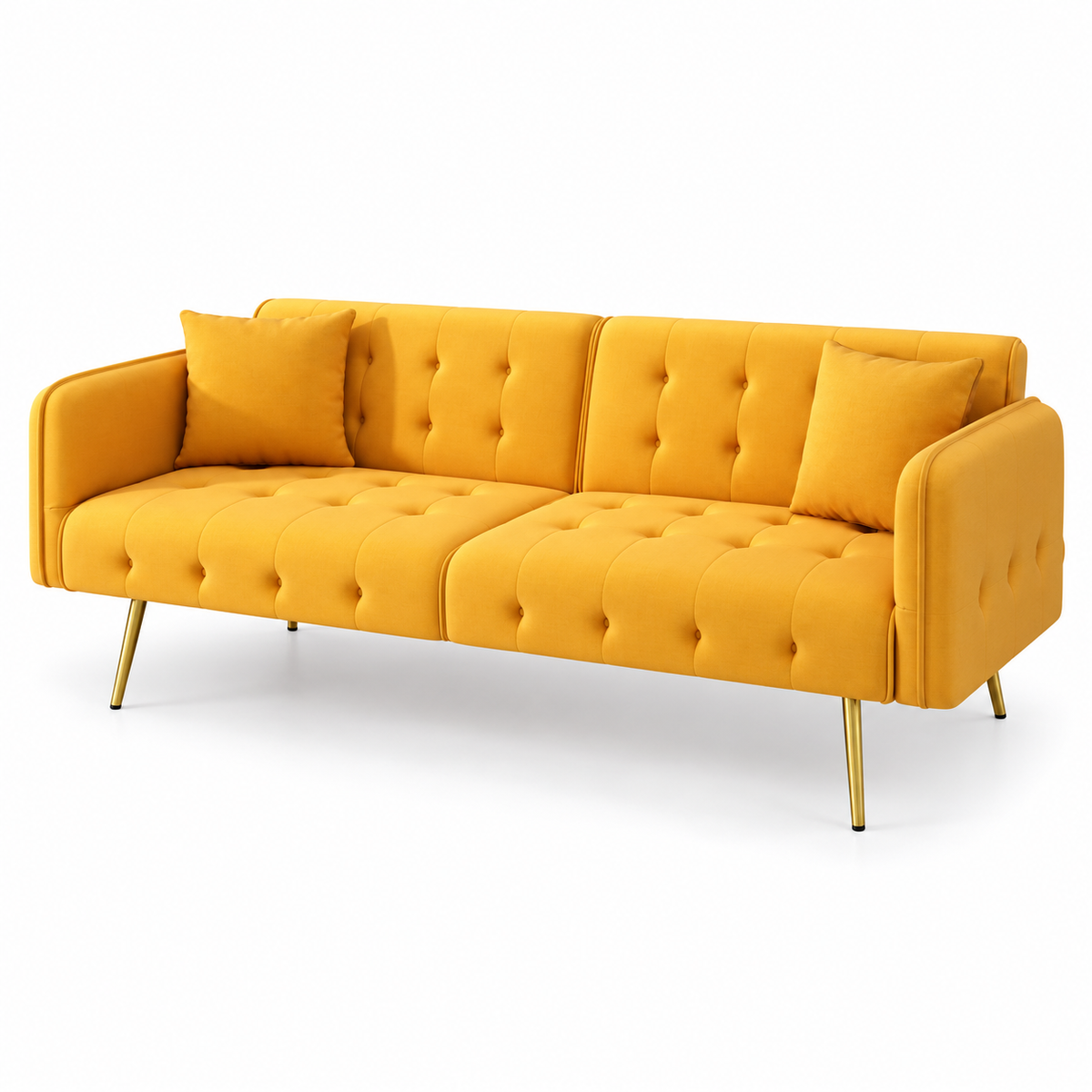 Canapé convertible jaune moutarde capitonné, position assise sur fond blanc