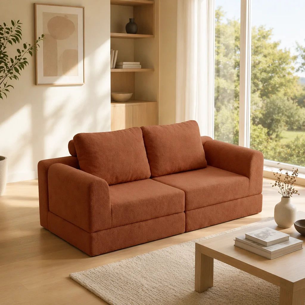 Canapé convertible modulable en tissu, terracotta, dans un salon