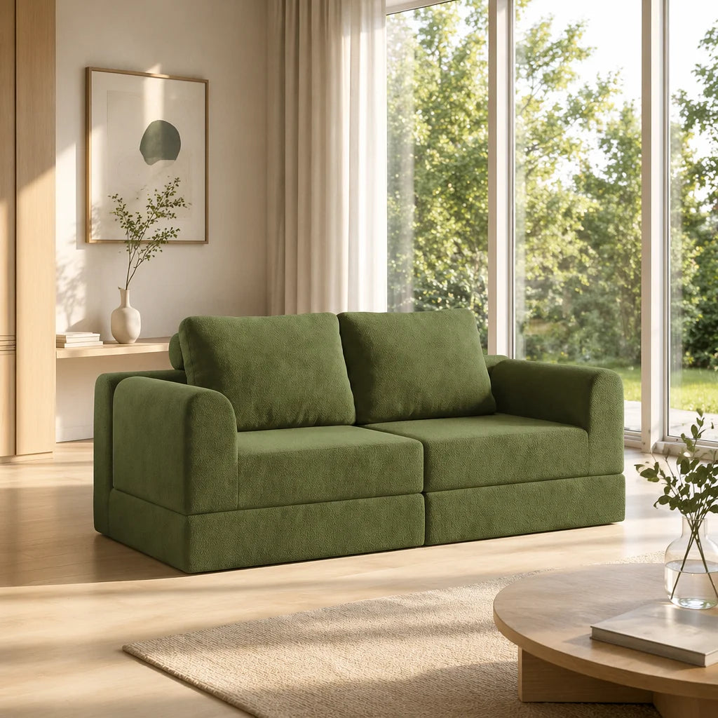 Canapé convertible modulable en tissu, vert olive, dans un salon