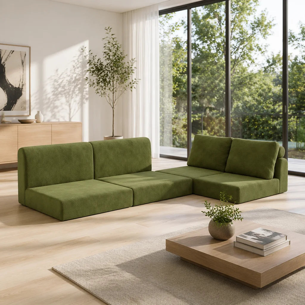 Canapé convertible modulable en tissu, vert olive, en position étendue