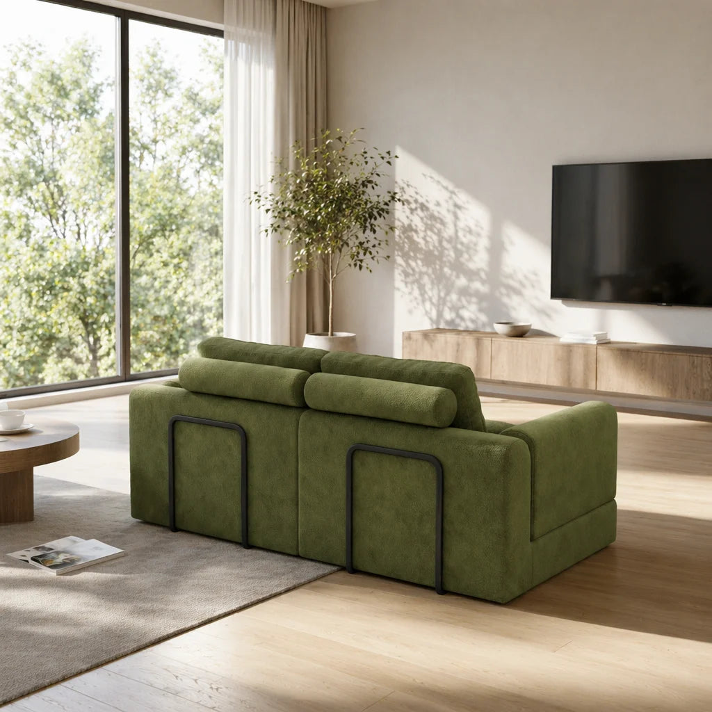 Canapé convertible modulable en tissu, vert olive, vue arrière