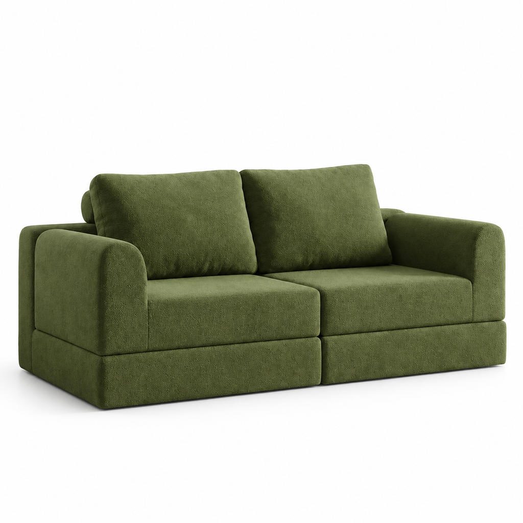 Canapé convertible modulable vert olive, position assise sur fond blanc