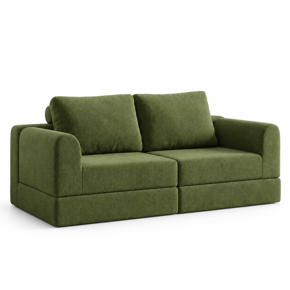 Canapé convertible modulable vert olive, position assise sur fond blanc