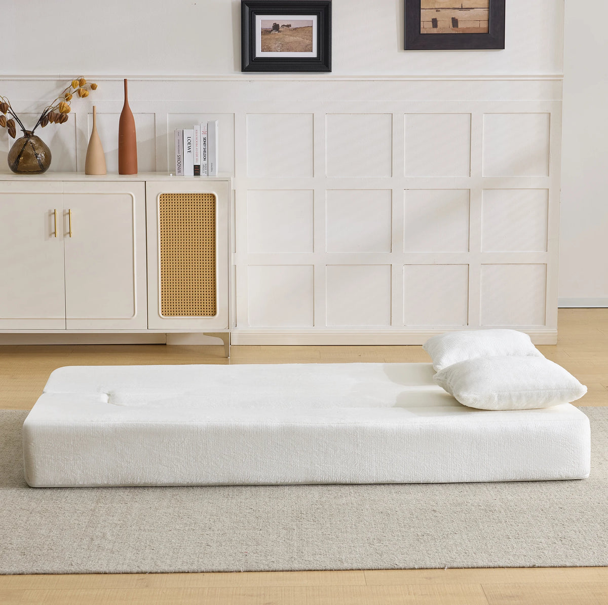 Canapé convertible pliable blanc crème, couchage, vue de profil