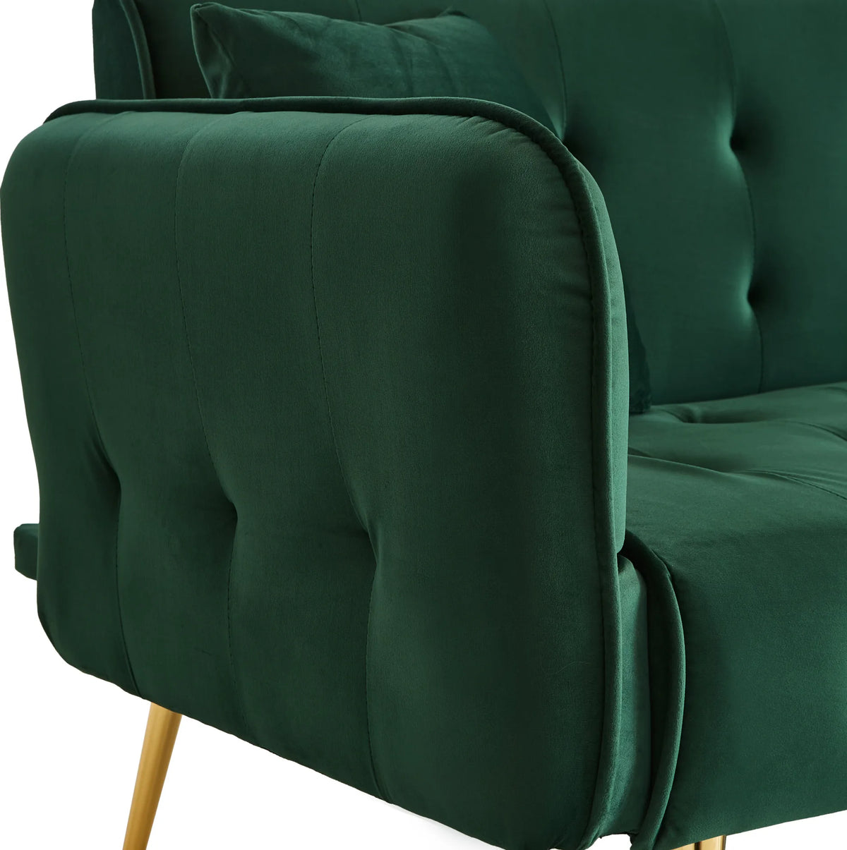 Canapé convertible vert capitonné à dossiers indépendants, détail de l’accoudoir