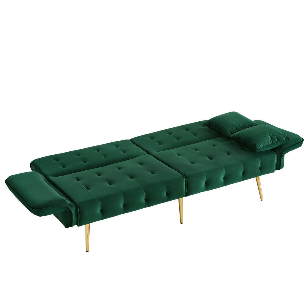 Canapé convertible vert capitonné à dossiers indépendants, entièrement déplié en couchage sur fond blanc