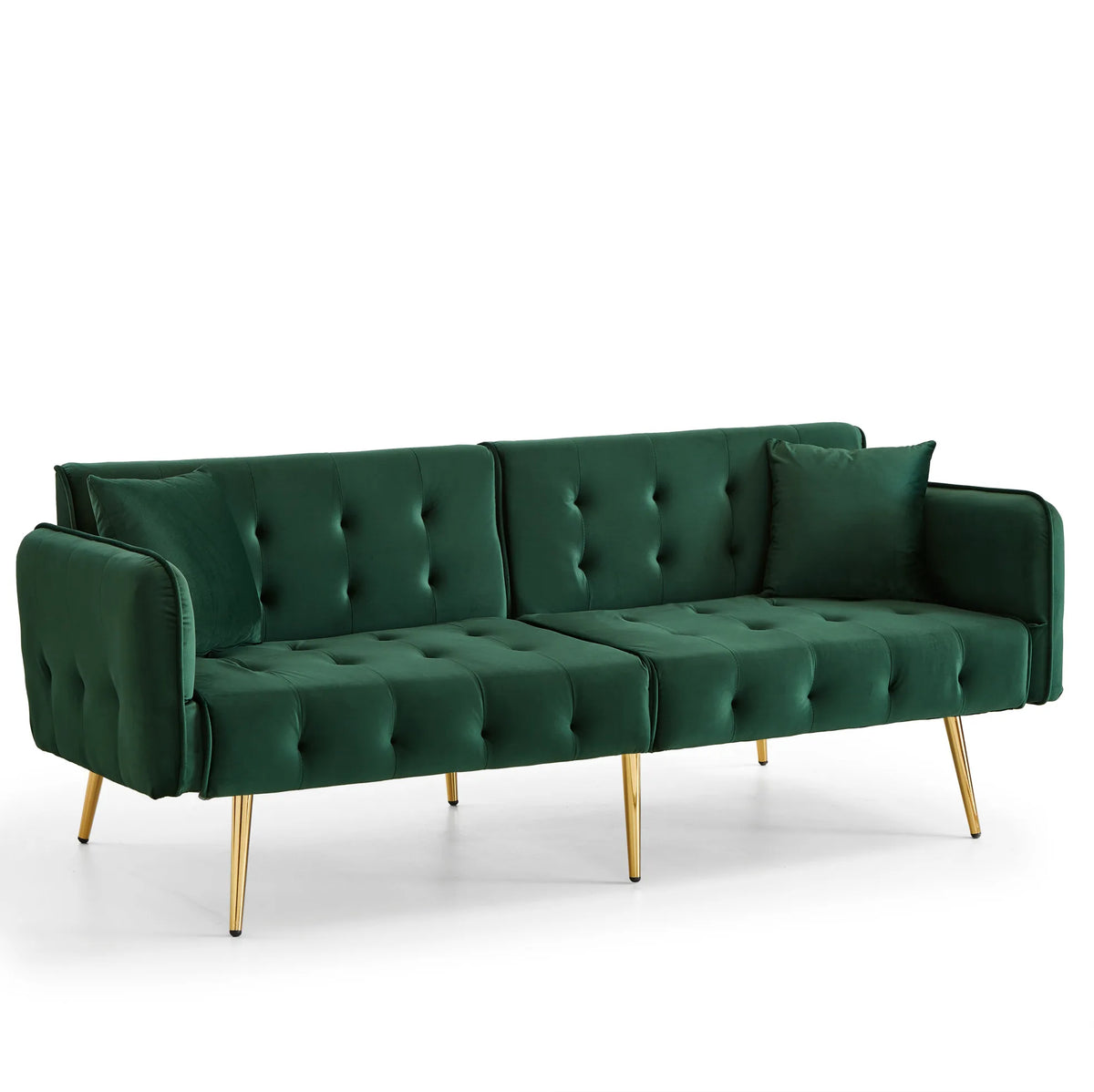 Canapé convertible vert capitonné à dossiers indépendants, position assise sur fond blanc