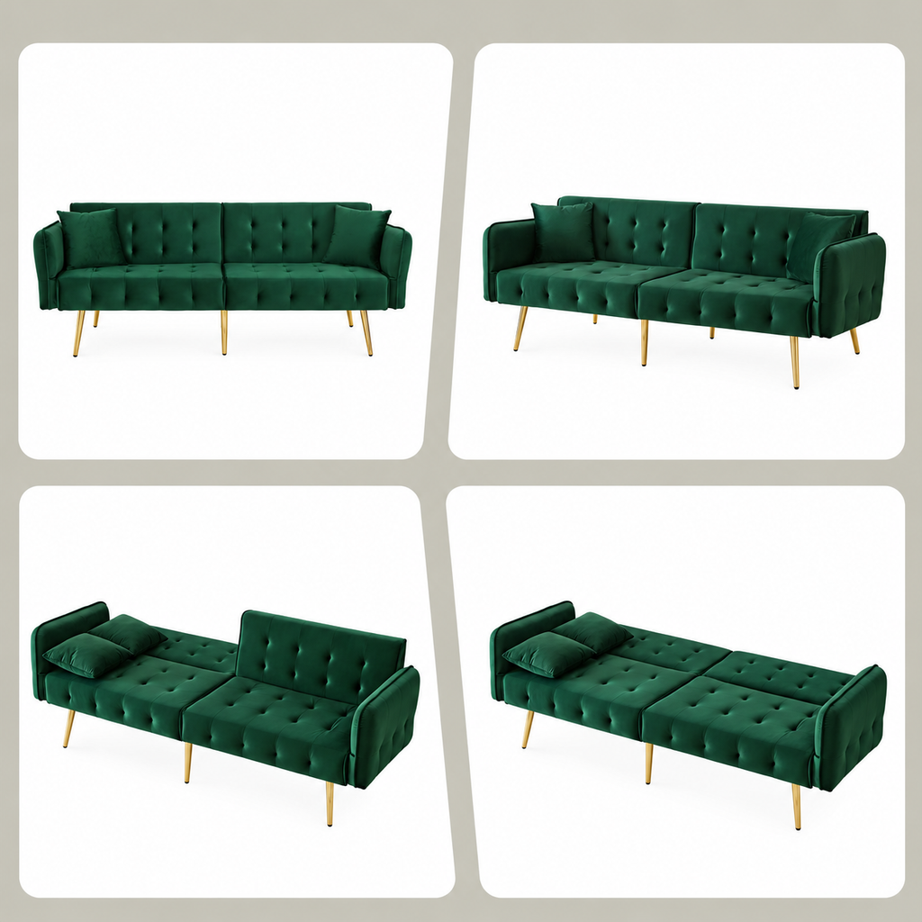 Canapé convertible vert capitonné à dossiers indépendants, positions assise, inclinée, dossier partagé et couchage