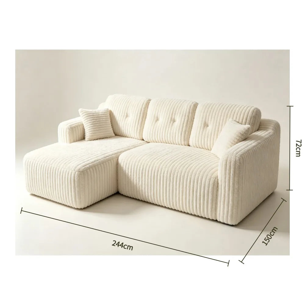 Canapé d’angle à chaise longue en tissu côtelé, blanc, dimensions du canapé