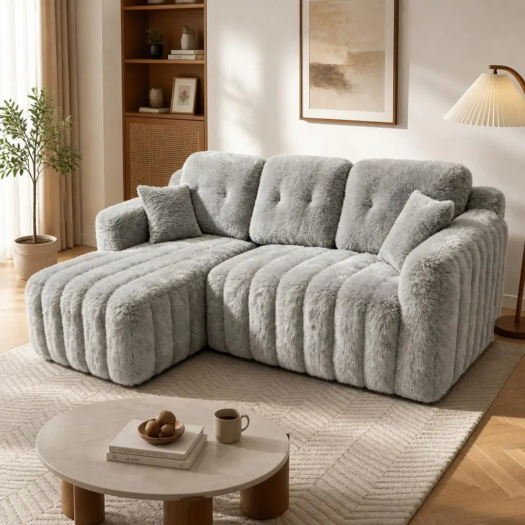 Canapé d’angle à chaise longue en tissu côtelé, gris, autre vue en situation