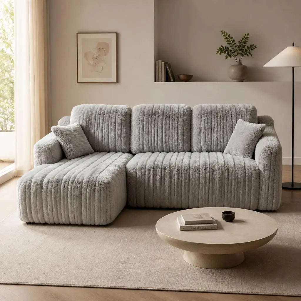Canapé d’angle à chaise longue en tissu côtelé, gris, dans un salon