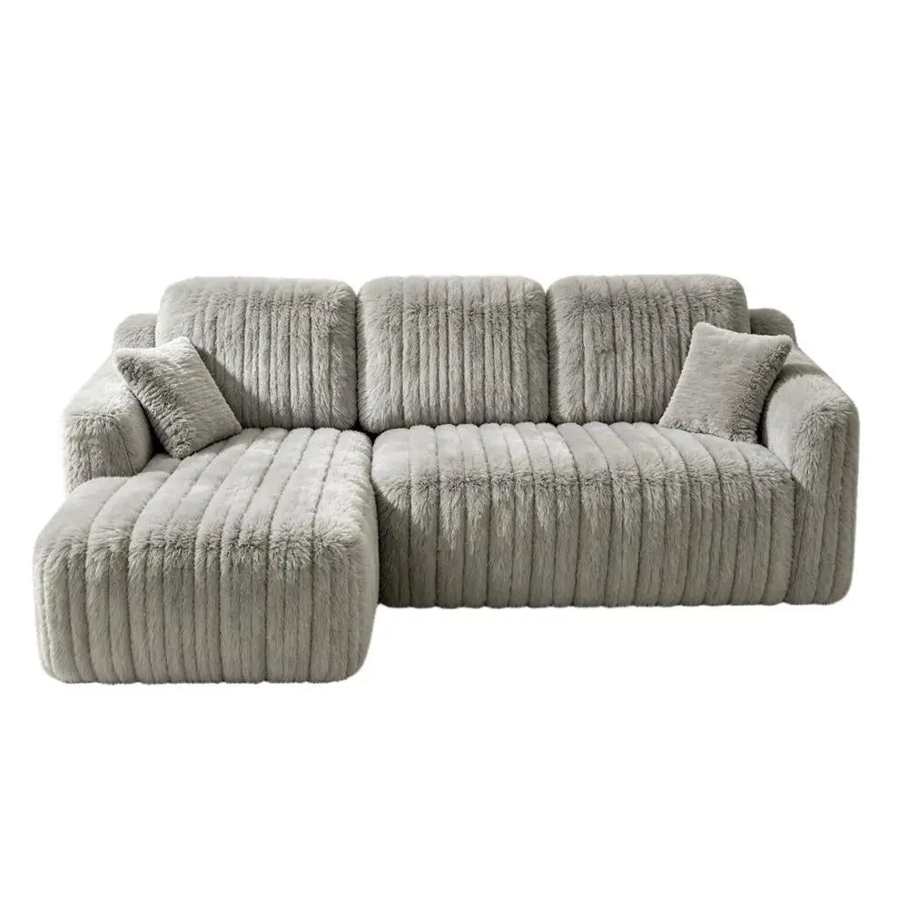 Canapé d’angle à chaise longue en tissu côtelé, gris, sur fond blanc