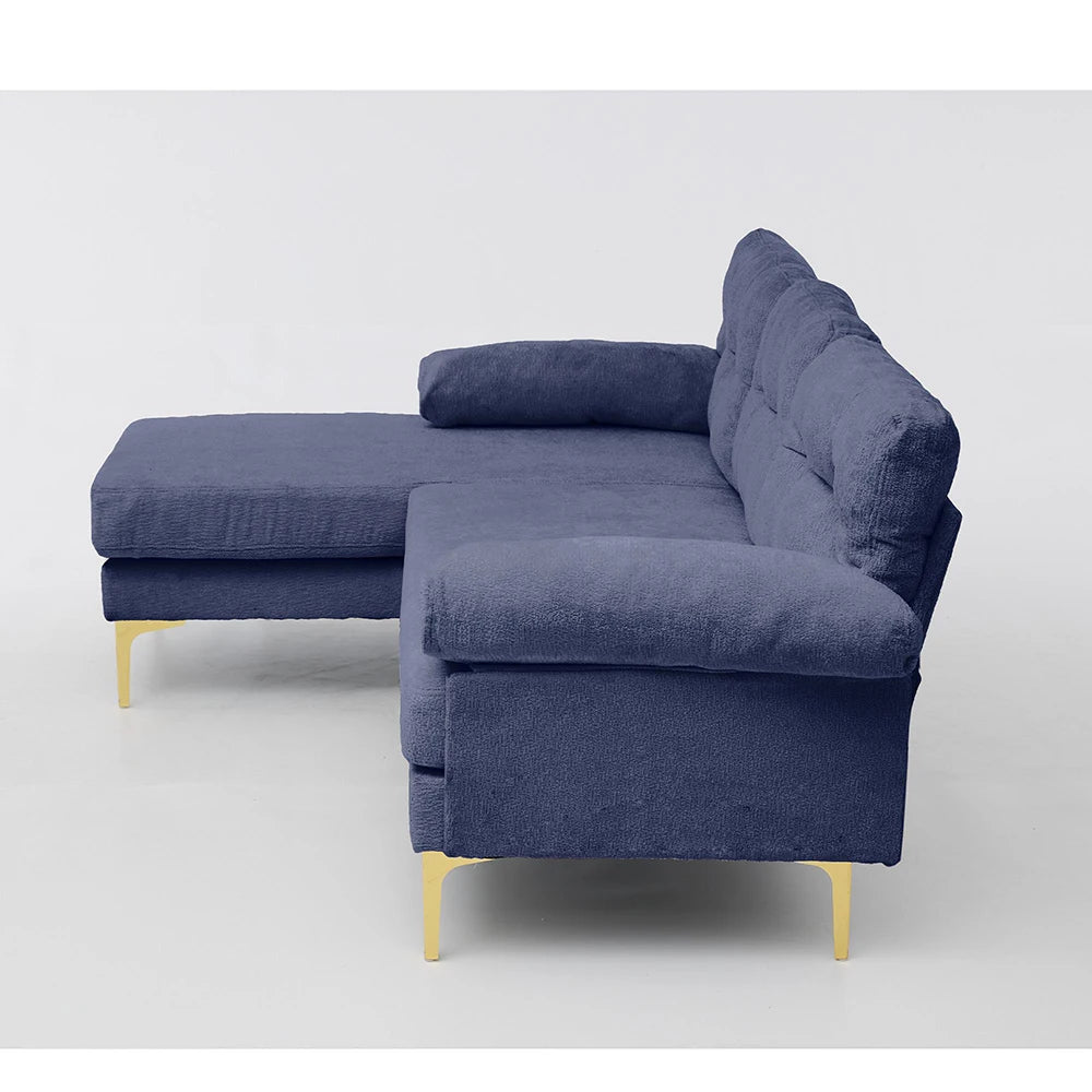Canapé d’angle bleu en chenille à pieds dorés, vue de profil