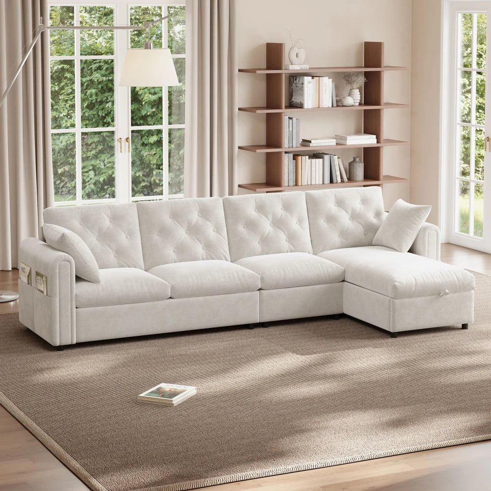 Canapé d’angle capitonné en velours avec rangement, beige, dans un salon
