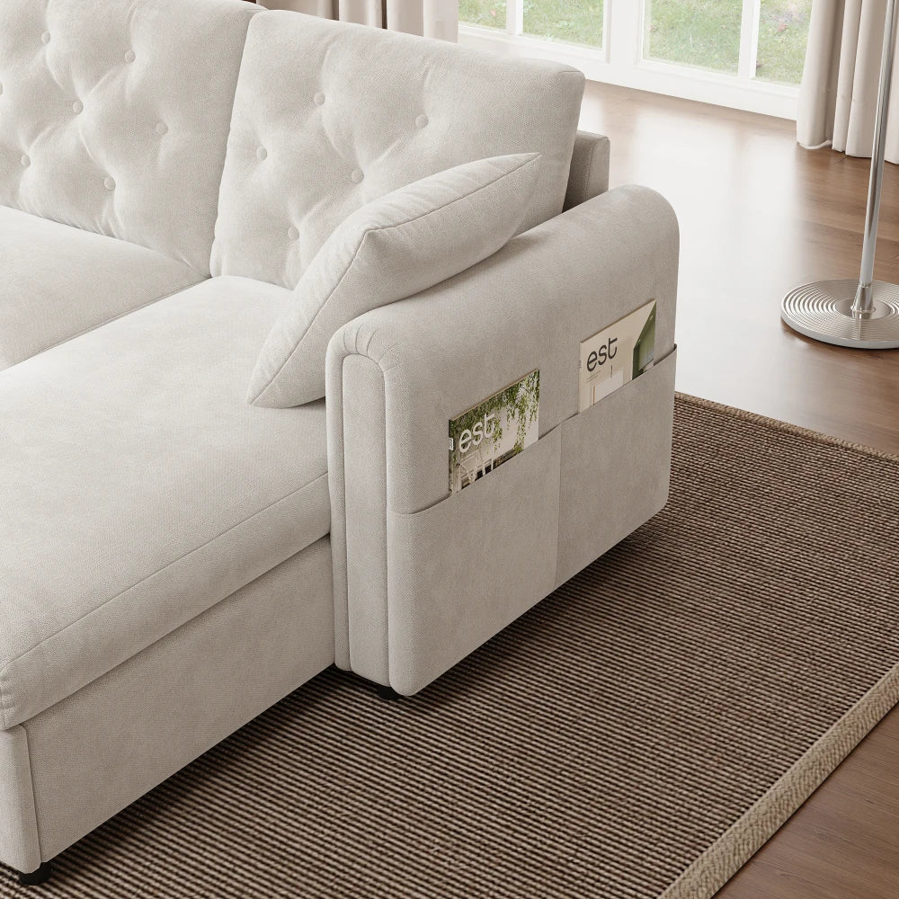 Canapé d’angle capitonné en velours avec rangement, beige, détail de la poche latérale