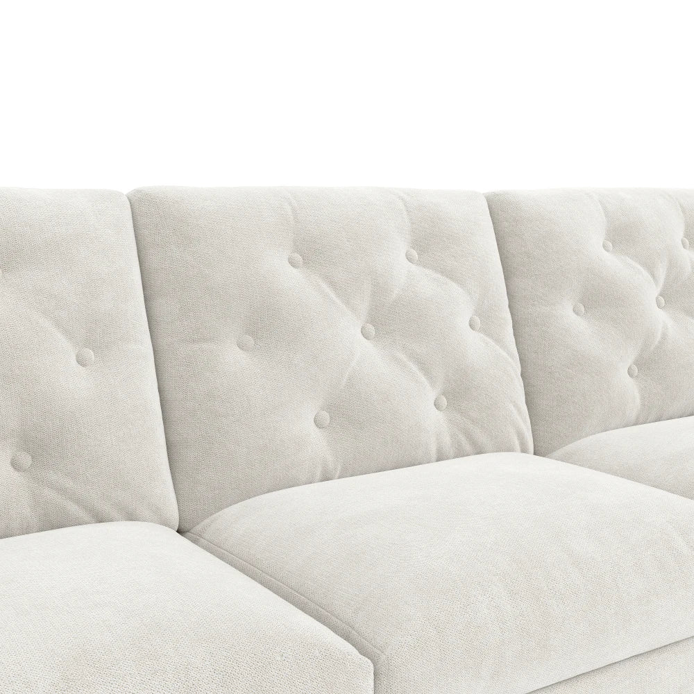 Canapé d’angle capitonné en velours avec rangement, beige, détail du capitonnage