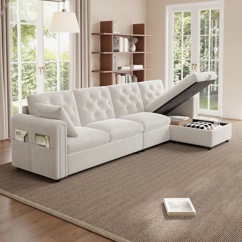 Canapé d’angle capitonné en velours avec rangement, beige, rangement ouvert d’un côté