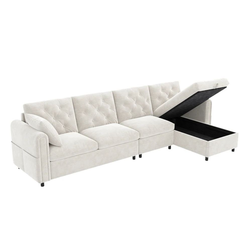 Canapé d’angle capitonné en velours avec rangement, beige, rangement ouvert dans l’autre disposition