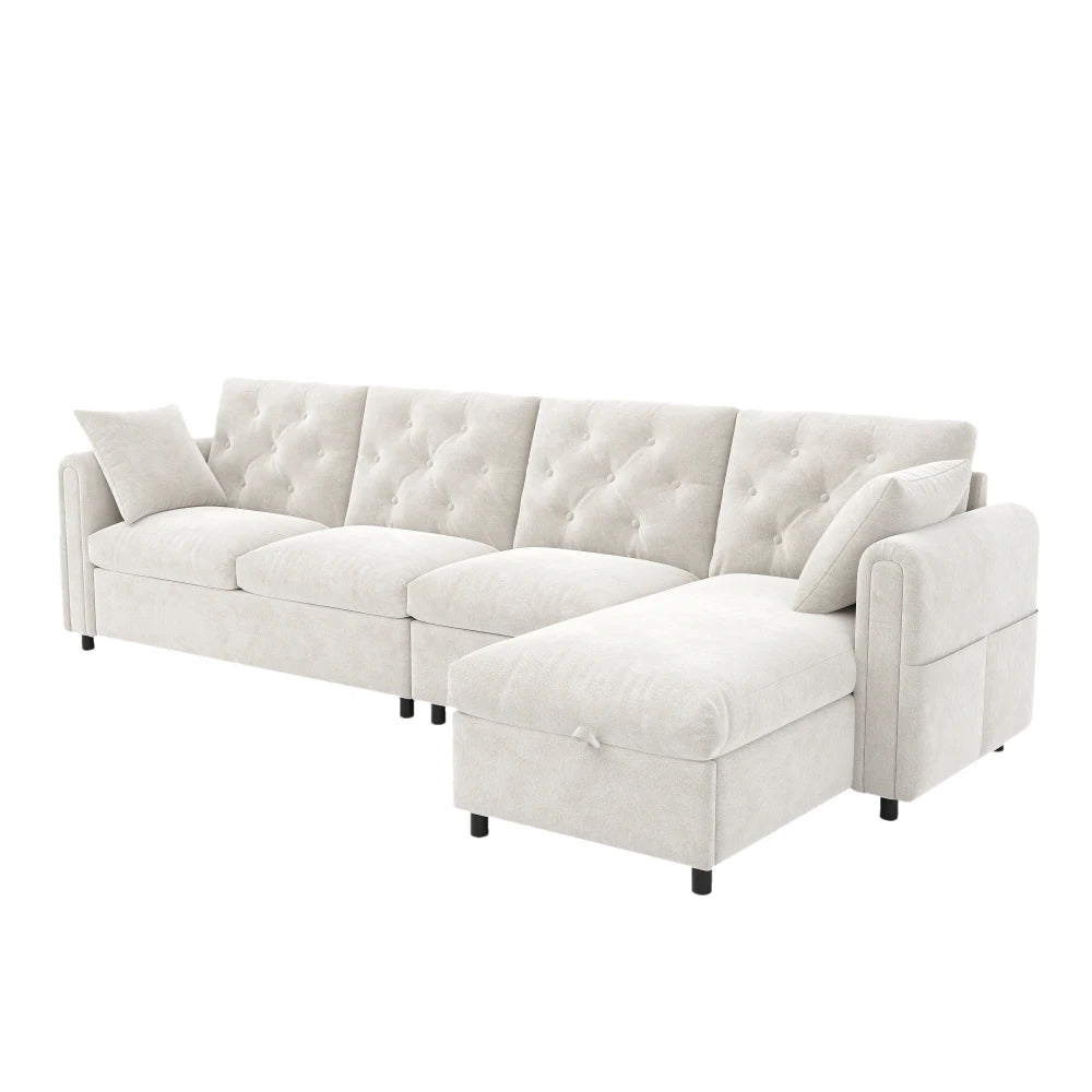 Canapé d’angle capitonné en velours avec rangement, beige, sur fond blanc