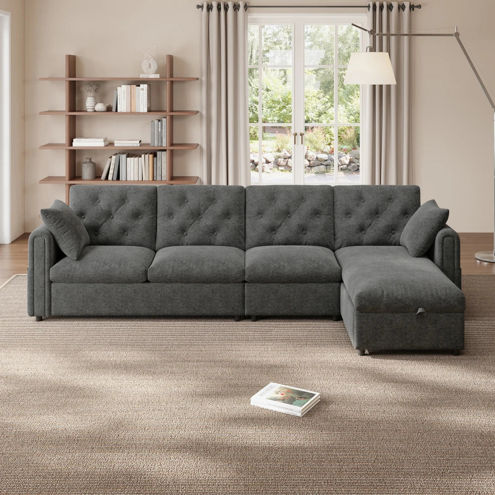 Canapé d’angle capitonné en velours avec rangement, gris, dans un salon