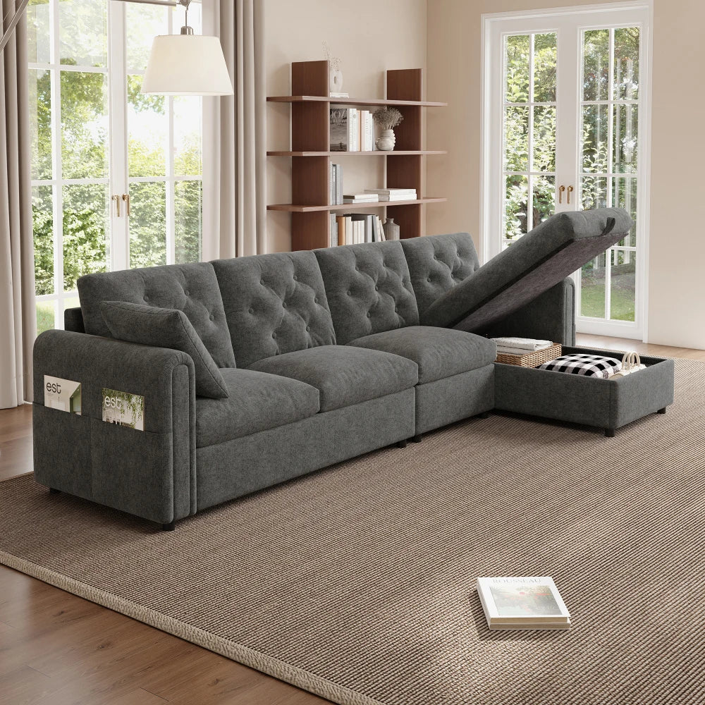 Canapé d’angle capitonné en velours avec rangement, gris, rangement ouvert