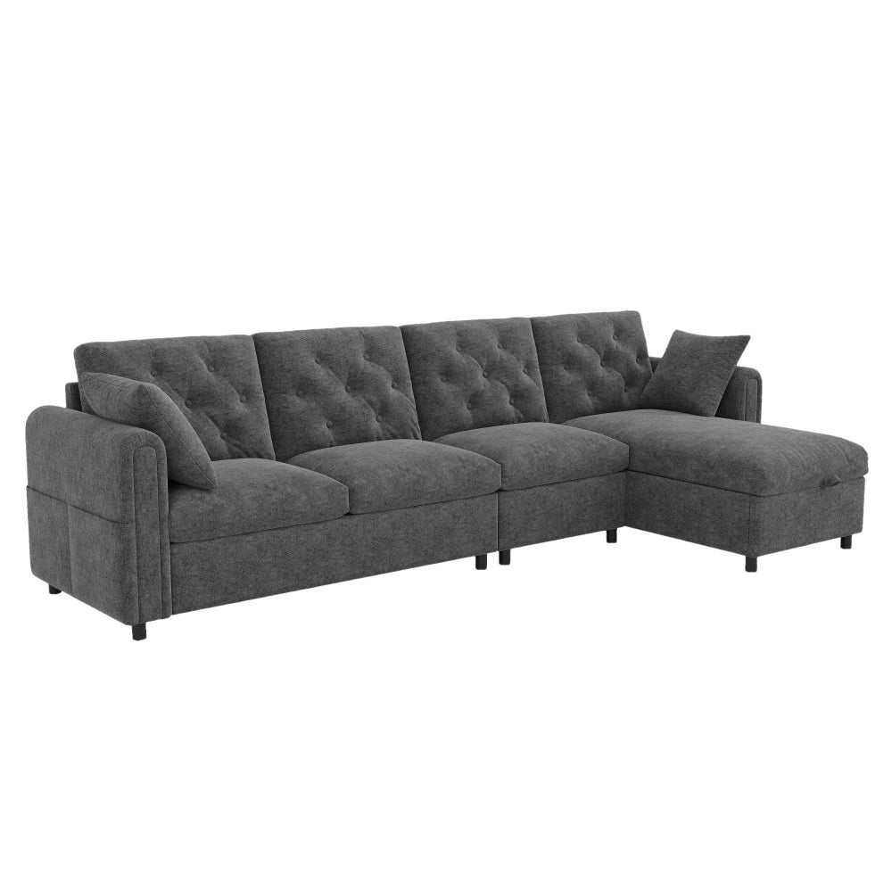 Canapé d’angle capitonné en velours avec rangement, gris, sur fond blanc